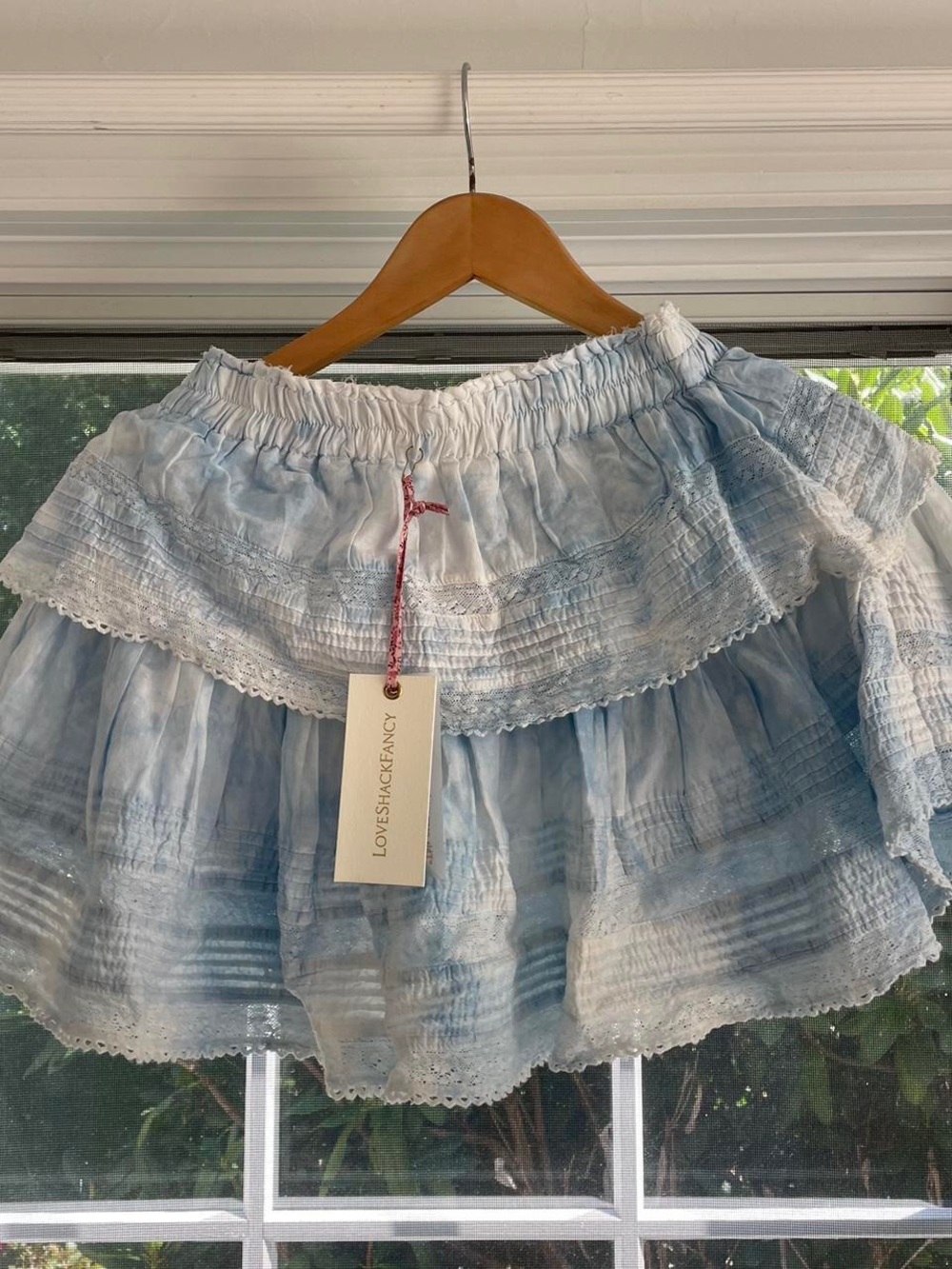 LoveShackFancy Light Blue Tie-Dye Tiered Mini Skirt